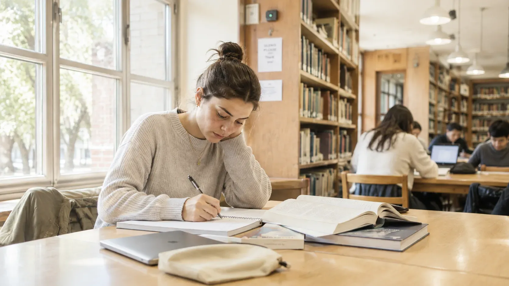 Estudiante tomando apuntes en una mesa de la biblioteca, junto a una ventana